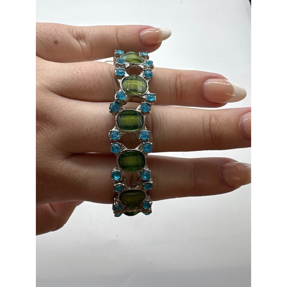 Vintage Gemstone Statement Bracelet Silver Tone Blue Green Crystals J215